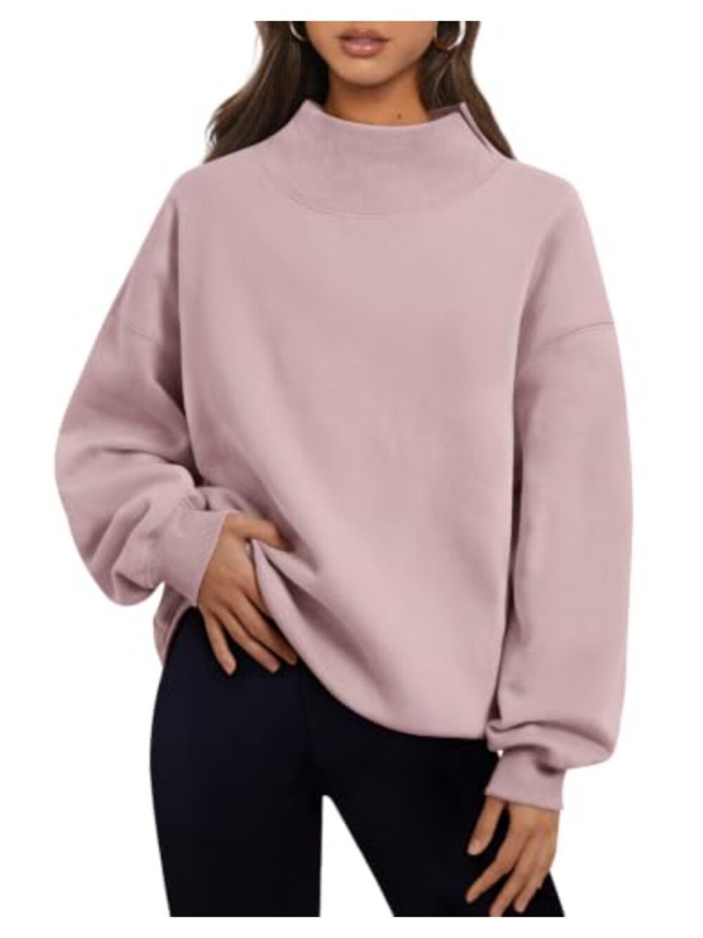 Oversized Mock Neck Sweatshirt Fleece Lined Pullover Asymmetric Neckline